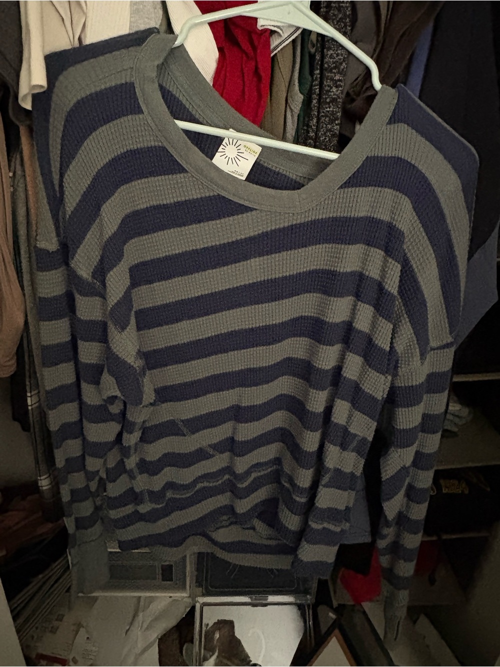 Aerie Lightweight Women's Sweater - navy blue and green striped